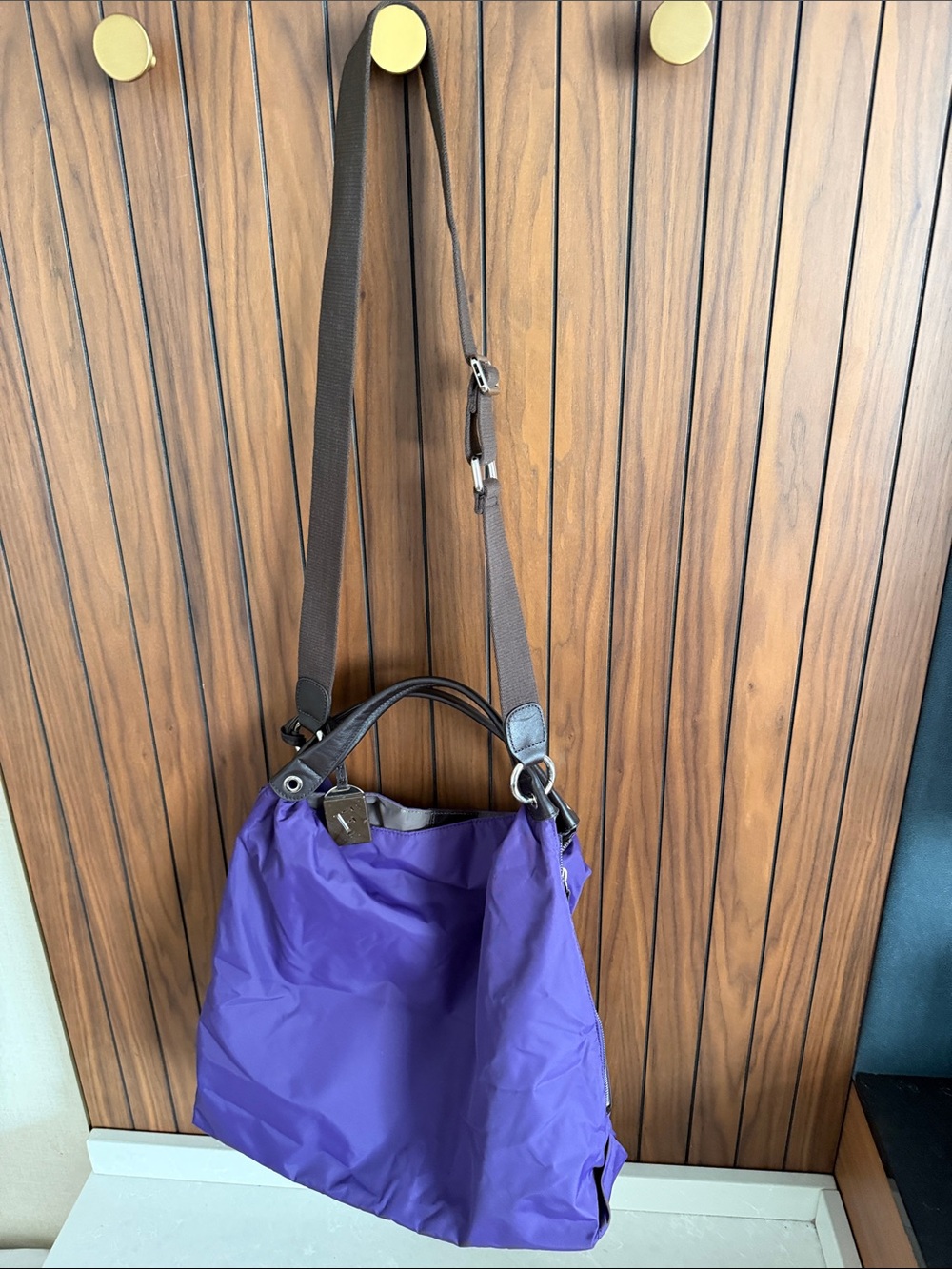 Furla Vibrant Purple Nylon Shoulder Bag with Brown Strap